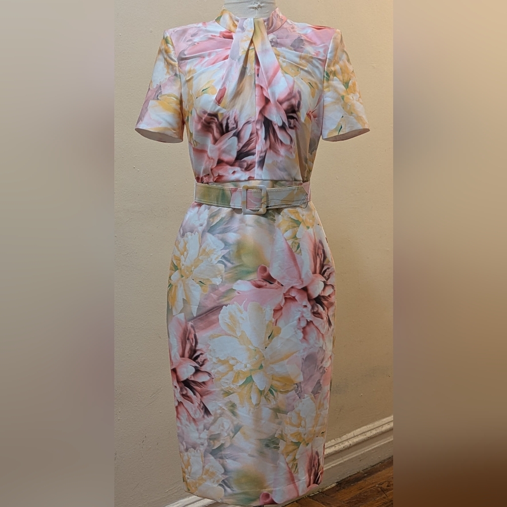 Floral Day Dress with Twist Collar and Belt, Size 2